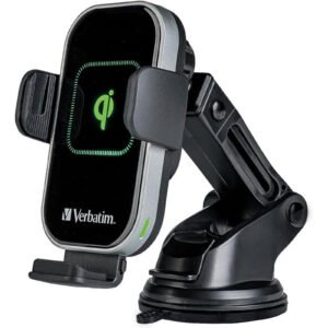 Verbatim FWC-02 Qi Fast Wireless Car Charger, 360 Degrees Rotatable, Three Mounting Options: Vent Holder, Suction Cup On Dashboard, Or Front Window