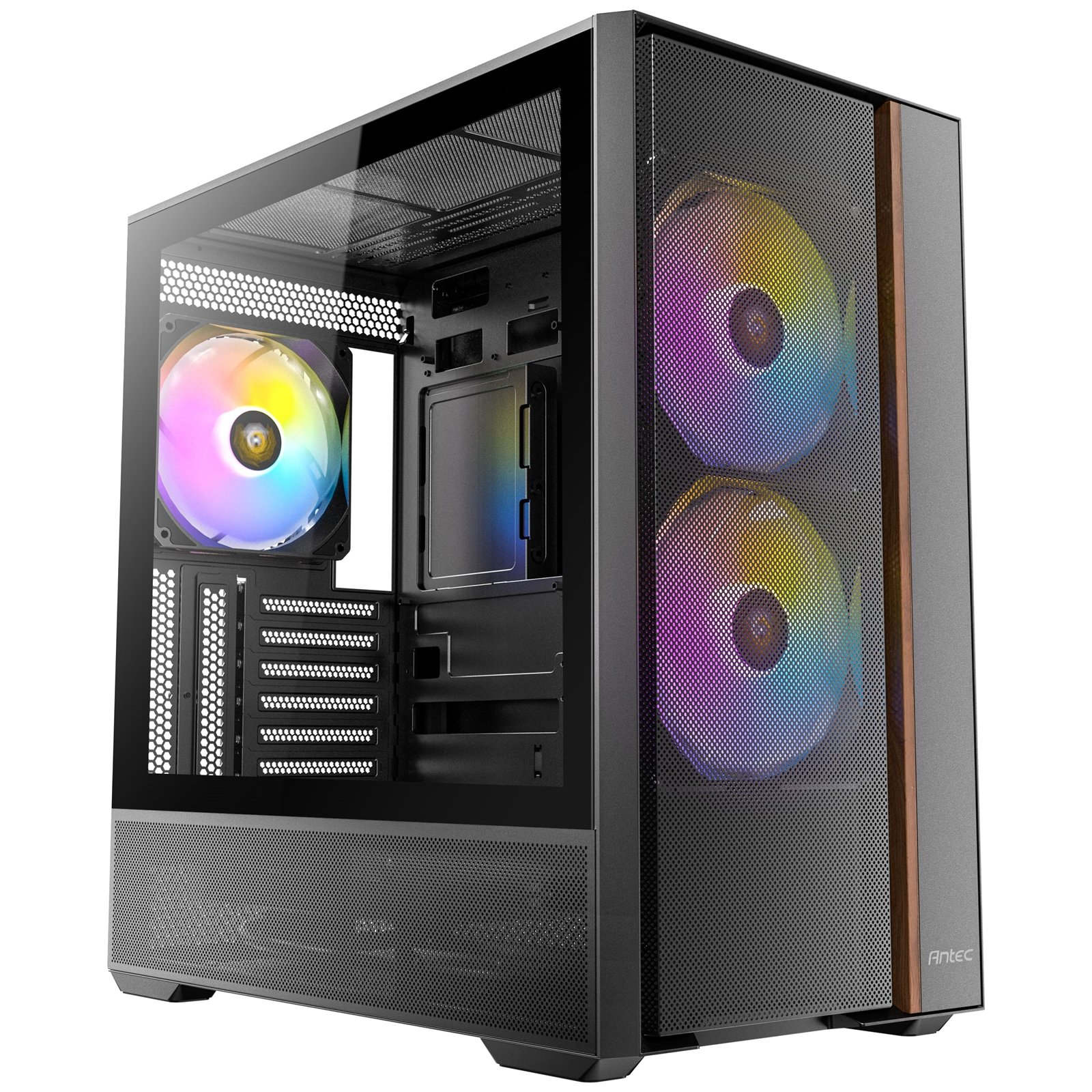 Antec FLUX Rear Mid Tower Gaming Case, 1 x USB Type-C / 2 x USB 3.0, Tempered Glass Side Window Panel, Multi-directional Vent Design, Walnut Wood Accents, 3 x Pre-Installed High-Performance PWM Fans , E-ATX (=330mm), ATX, Micro-ATX, ITX Compatible