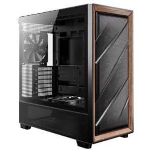 Antec FLUX Mid Tower Gaming Case, 1 x USB Type-C / 2 x USB 3.0, Tempered Glass Side Window Panel, Multi-directional Vent Design, Walnut Wood Accents, 5 x Pre-Installed PWM Fans, E-ATX (=330mm), ATX, Micro-ATX, ITX Compatible