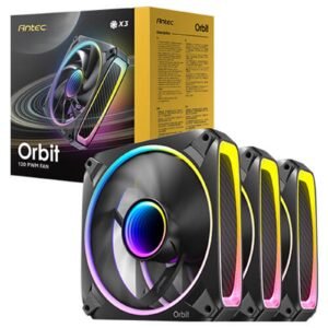 Antec Orbit 120 ARGB 120 mm PWM Fan Triple Pack  - 120 mm x 28 mm, Fluid Dynamic Bearing, 200-2000 RPM, 66.72 CFM, aRGB Lighting, Anti-Vibration Pads