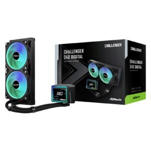 ASRock Challenger 240 Digital AIO Liquid CPU Cooler, 240mm Radiator, Dual 120mm PWM ARGB Fans, 3" Digital Display, Intel LGA1700/1851 & AMD AM5/AM4 Compatible