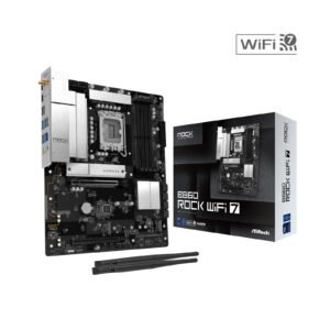 ASRock B860 Rock WiFi 7 Intel 1851 Socket Motherboard, ATX, 4x DDR5 Slots, 3x M.2 Sockets, Fitted I/O Shield, 2.5GbE LAN, Wi-Fi 7, 1x HDMI Port
