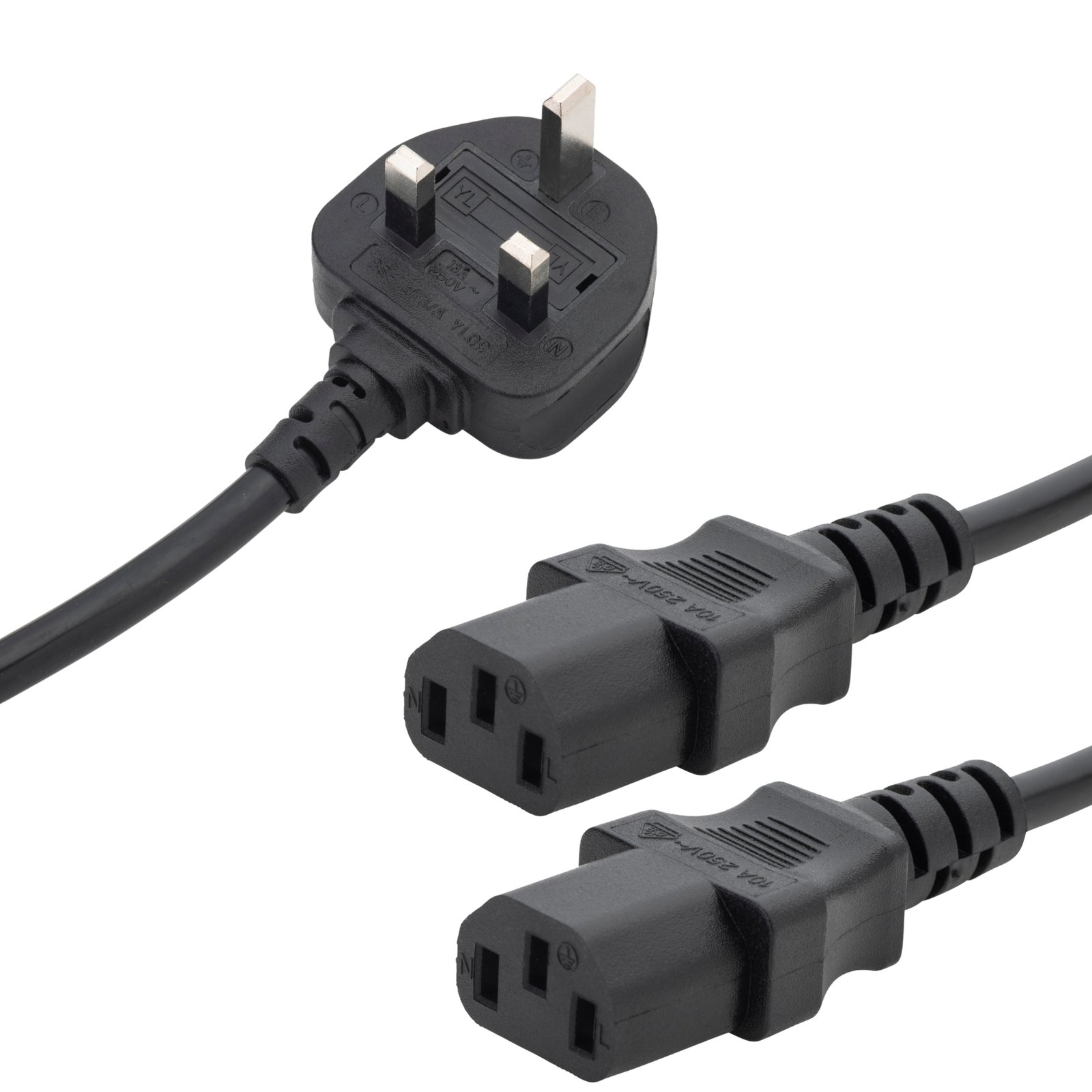 2.5m UK Mains Power Splitter Cable - UK Plug to 2 x C13 Sockets