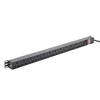 3m 12 Way Surge Protected Vertical Rack Mount Power Extension Block - UK Plug to 12 x UK Sockets - Black