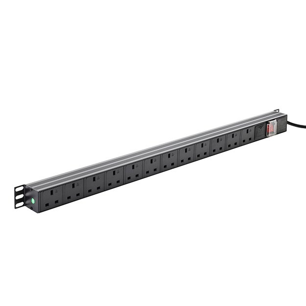 3m 12 Way Surge Protected Vertical Rack Mount Power Extension Block - UK Plug to 12 x UK Sockets - Black