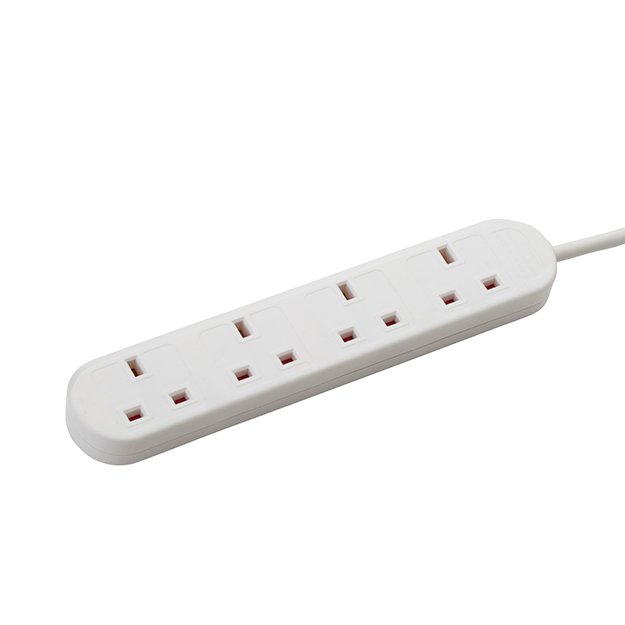 5m 4 Way Power Extension Block - UK Plug to 4 x UK Sockets - White