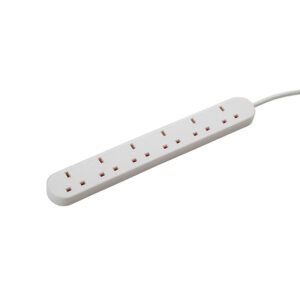 2m 6 Way Power Extension Block - UK Plug to 6 x UK Sockets - White