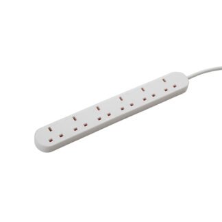 2m 6 Way Power Extension Block - UK Plug to 6 x UK Sockets - White