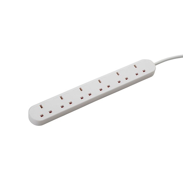 2m 6 Way Power Extension Block - UK Plug to 6 x UK Sockets - White