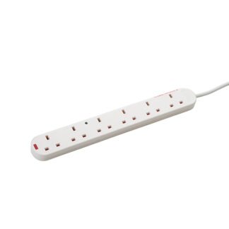 2m 6 Way Surge Protected Extension Block - UK Plug to 6 x UK Sockets - White