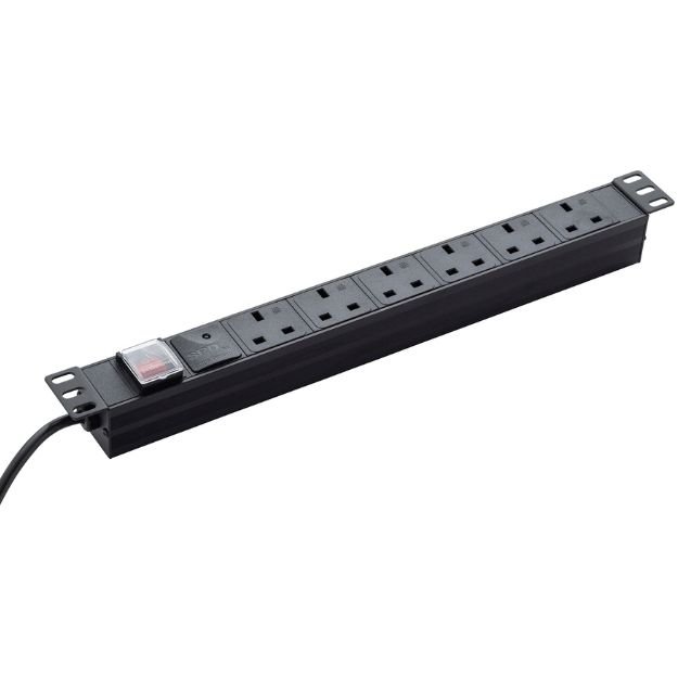3m 6 Way Surge Protected Horizontal Rack Mount Power Extension Block UK Plug to 6 x UK Sockets - Black