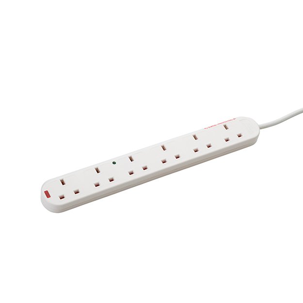 5m 6 Way Surge Protected Extension Block - UK Plug to 6 x UK Sockets - White