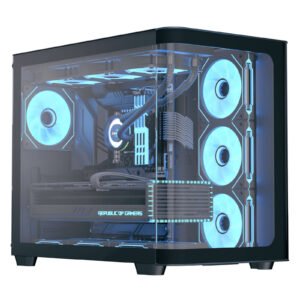 Aerocool (ACCM-PN01043.11) Dual-chamber PC case, Curved glass panelling, 4 x pre-installed 120mm ARGB fans, 450mm GPU clearance, Up to ATX motherboards, 3 x 2.5 and 2 x 3.5 bays, ATX, Micro-ATX, Mini-ITX