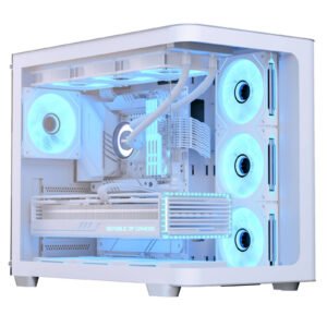Aerocool (ACCM-PN01043.21) Dual-chamber PC case, Curved glass panelling, 4 x pre-installed 120mm ARGB fans, 450mm GPU clearance, Up to ATX motherboards, 3 x 2.5 and 2 x 3.5 bays, ATX, Micro-ATX, Mini-ITX - White